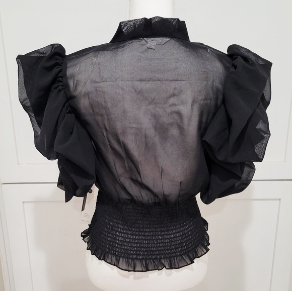 NWT Live 4 Truth Sheer Black Tie-Neck Ruffle Sleeve Top w/Smocked Waist | L - Picture 3 of 7
